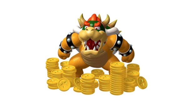 Image of Bowser from Super Mario Bros with a pile of coins.