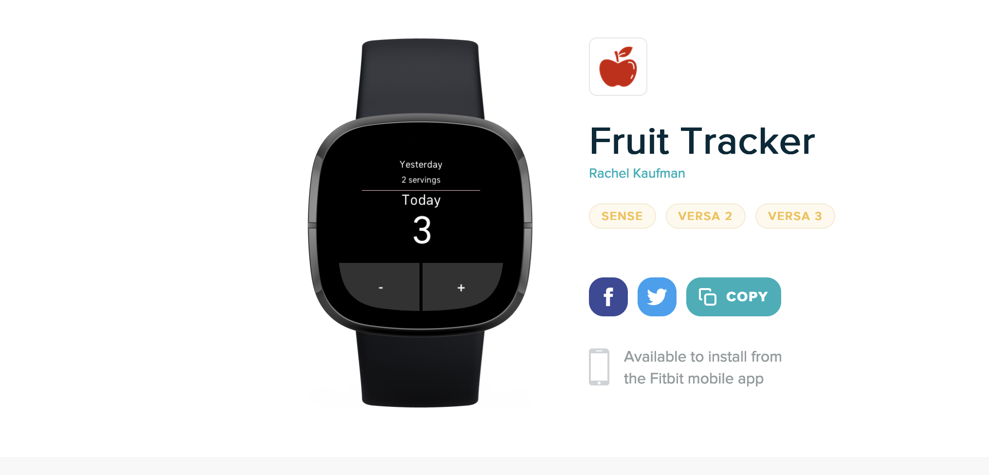 Screenshot from the Fitbit App gallery showing the Fruit Tracker