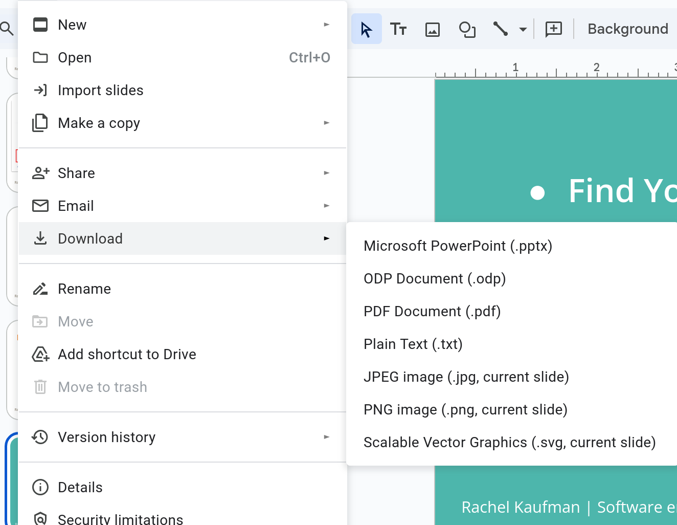 Screenshot of the Google Slides export menu.