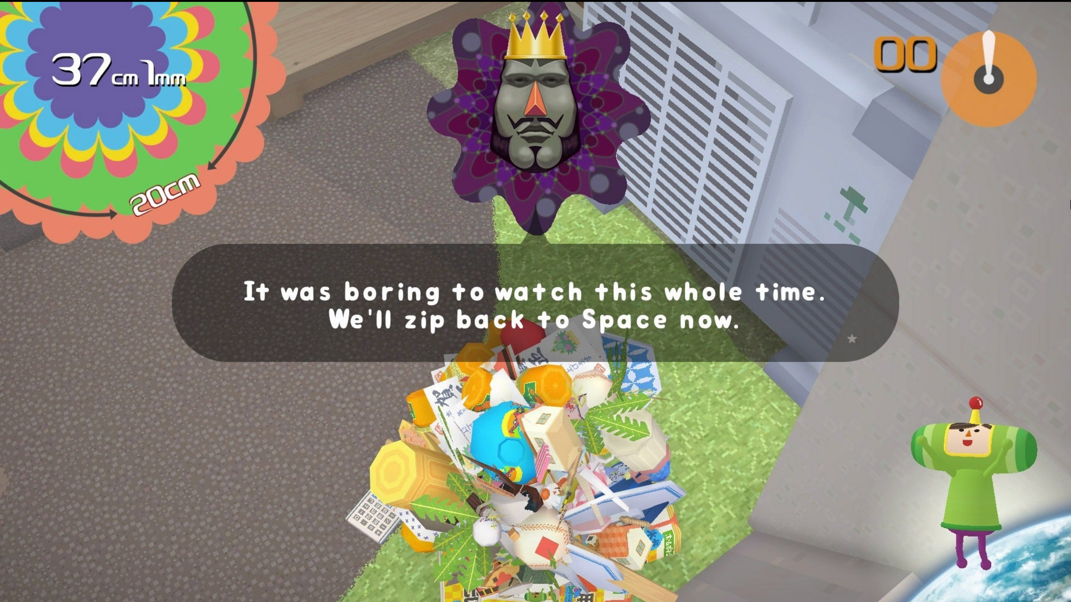 A screenshot from the game 'Katamari Damacy' of the King of All Cosmos saying "It was boring to watch the whole time," which is how I feel after watching the above GIF.