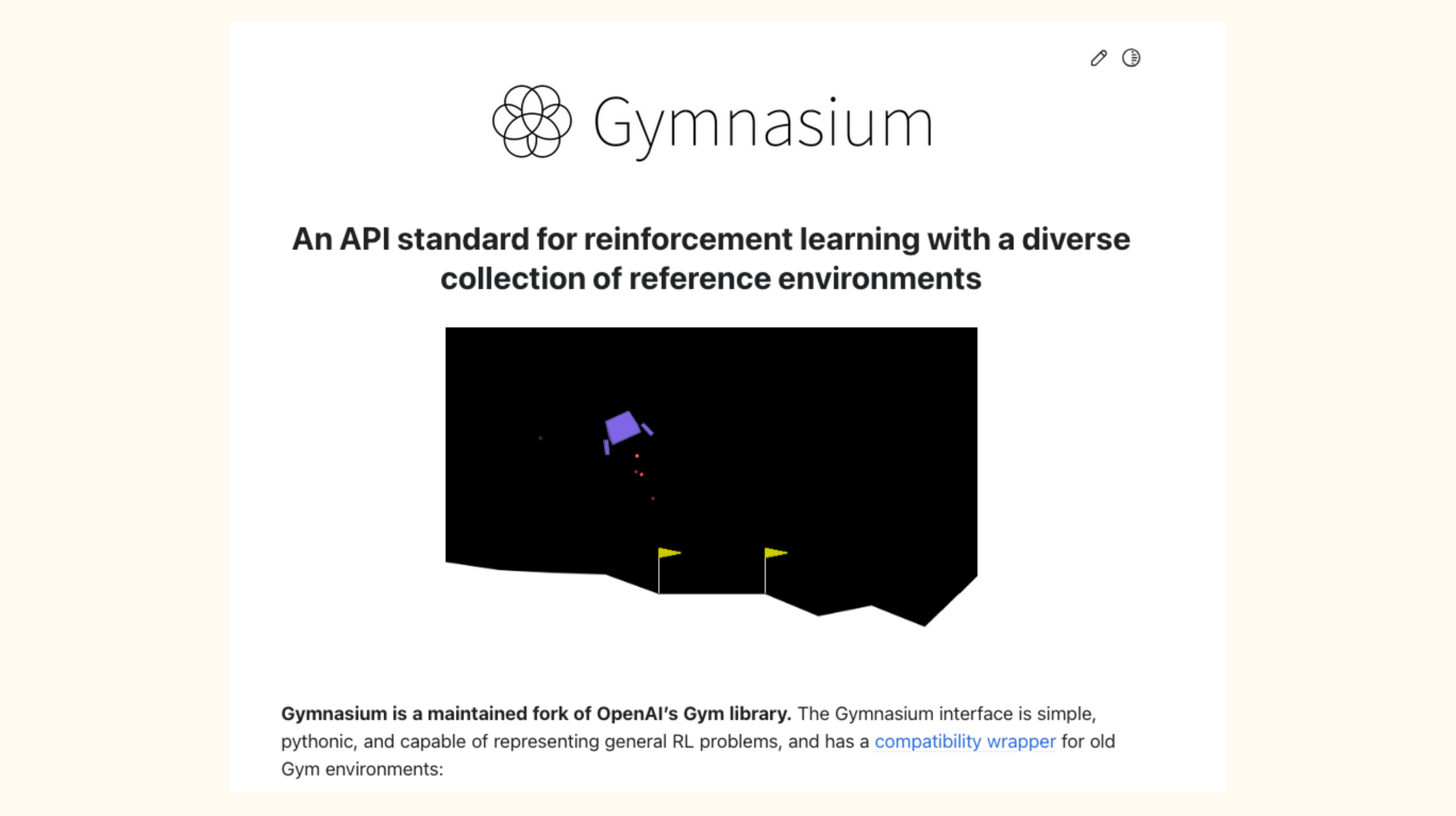 A screenshot of the Gymnasium library's homepage at https://gymnasium.farama.org/ 