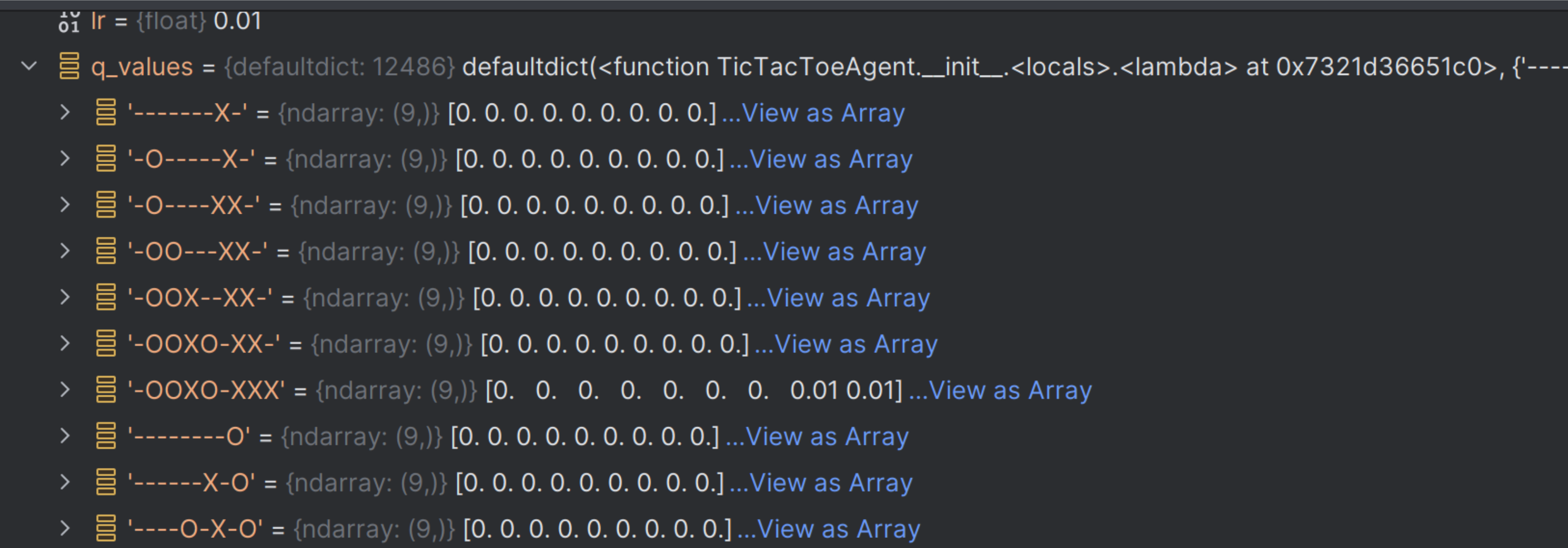 This is another text-heavy slide. It shows a dictionary of tic-tac-toe states as described in the text below.