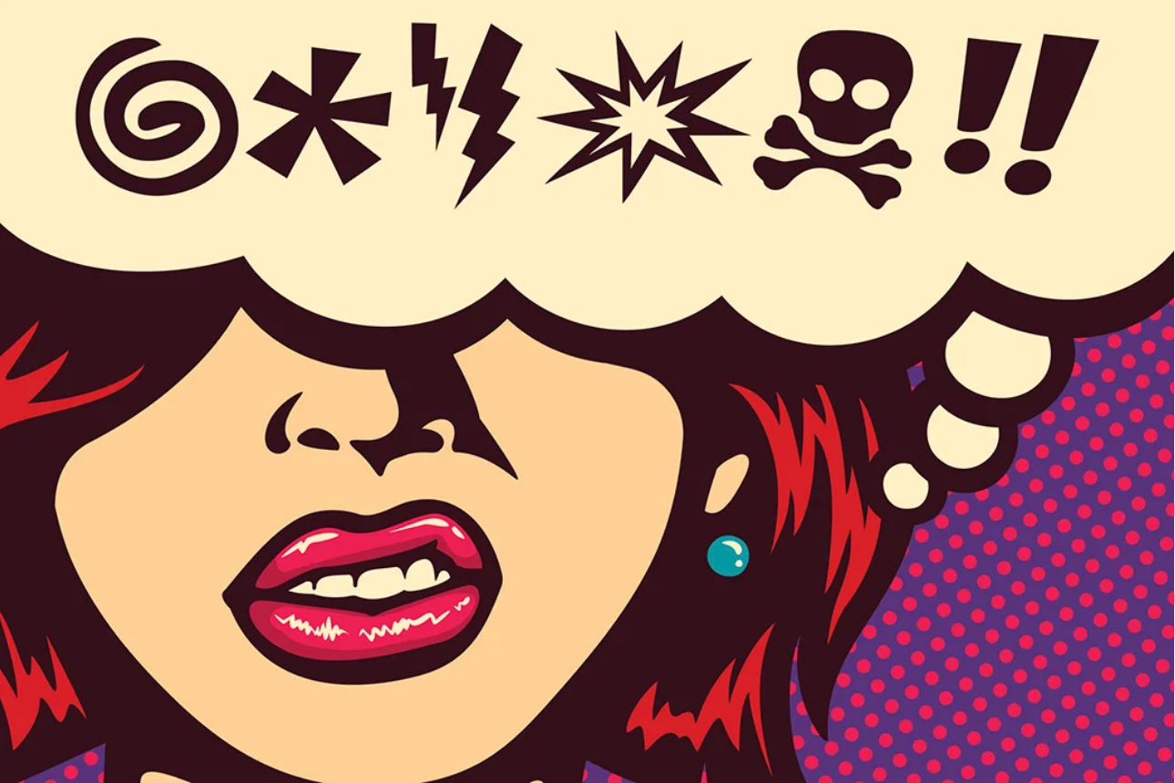 a halftoned, Roy Liechtenstein-style image of a woman and a speech bubble filled with curse symbols